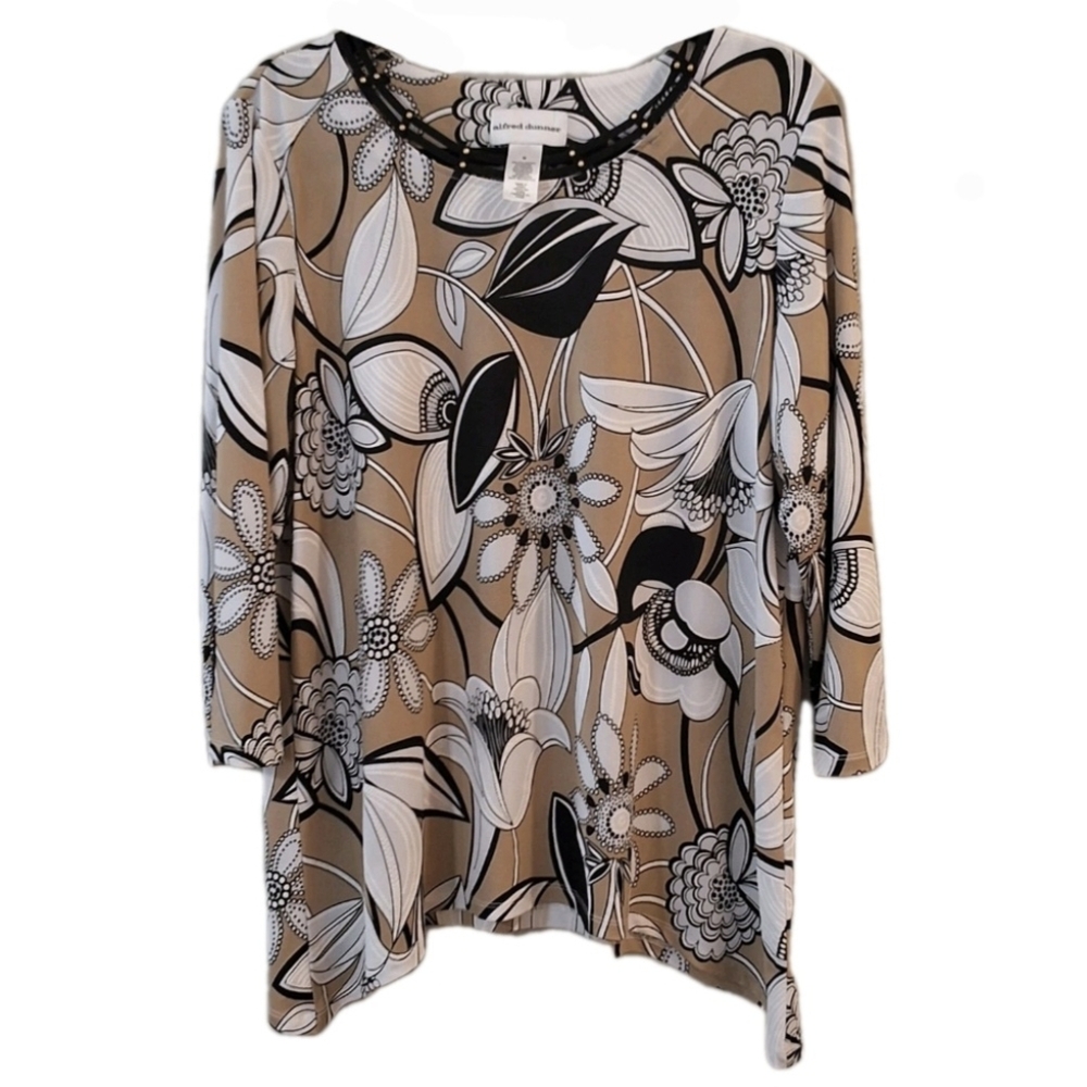 Alfred Dunner Classics Womens Exploded Floral Blouse Medium Embellished Neckline